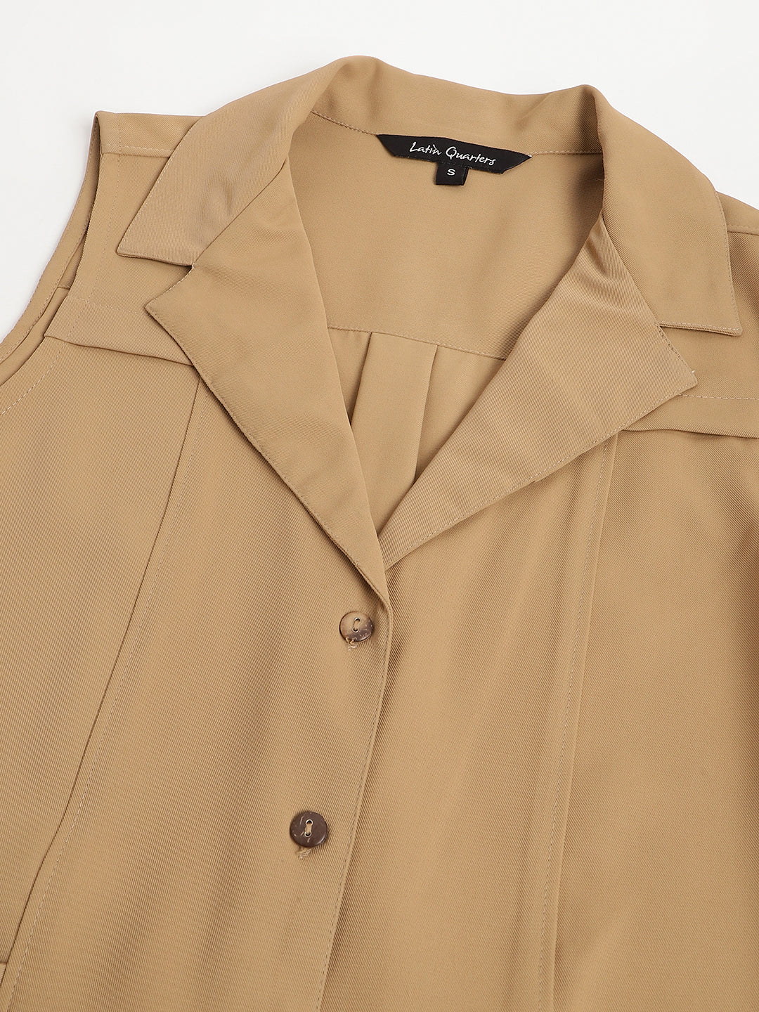 Beige Sleevless Collar Neck Solid Shirt Dress
