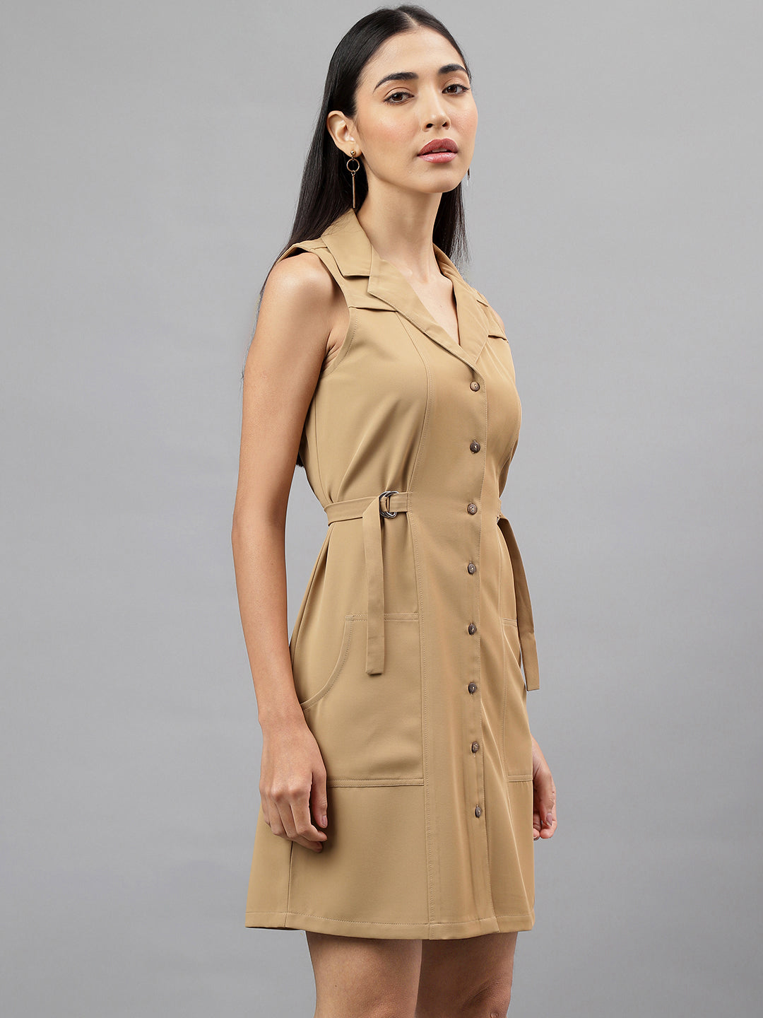 Beige Sleevless Collar Neck Solid Shirt Dress