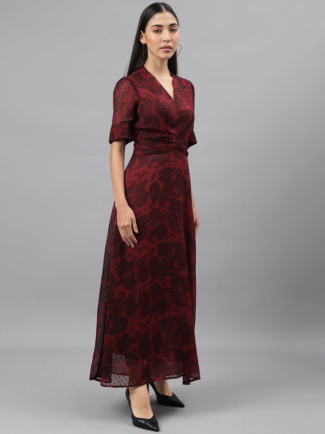 Maroon Half Sleeve V-Neck Floral Print Maxi Dress
