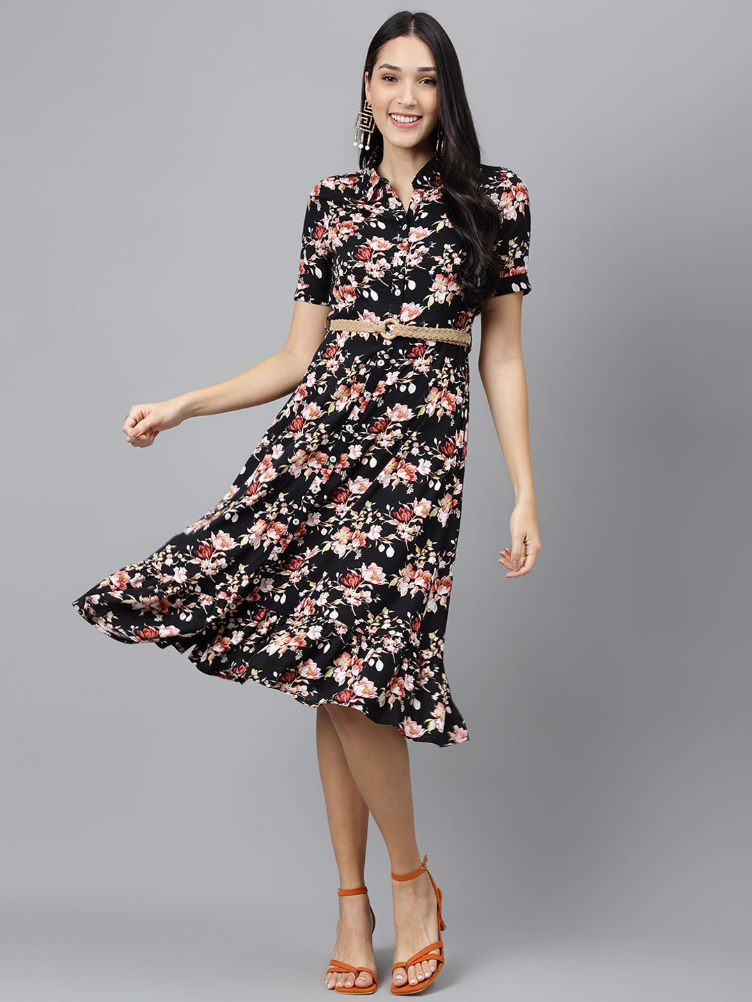 Black Short Sleeve Mandarin Collar Printed Knee Length Dress For Casual Wear