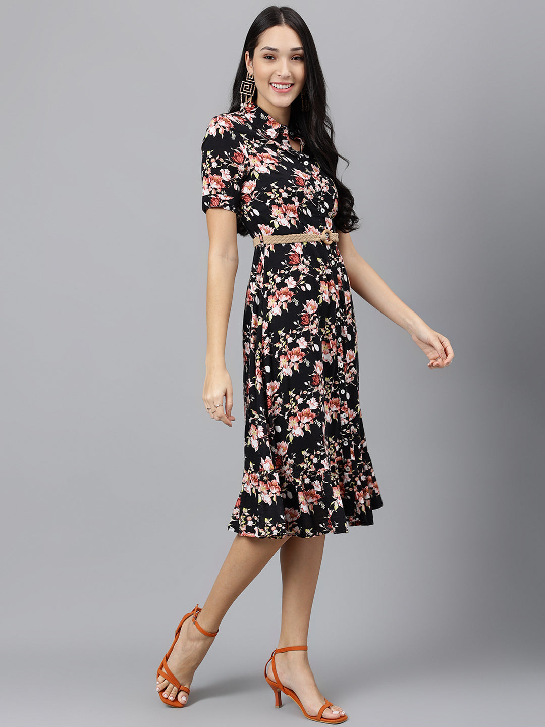 Black Short Sleeve Mandarin Collar Printed Knee Length Dress For Casual Wear