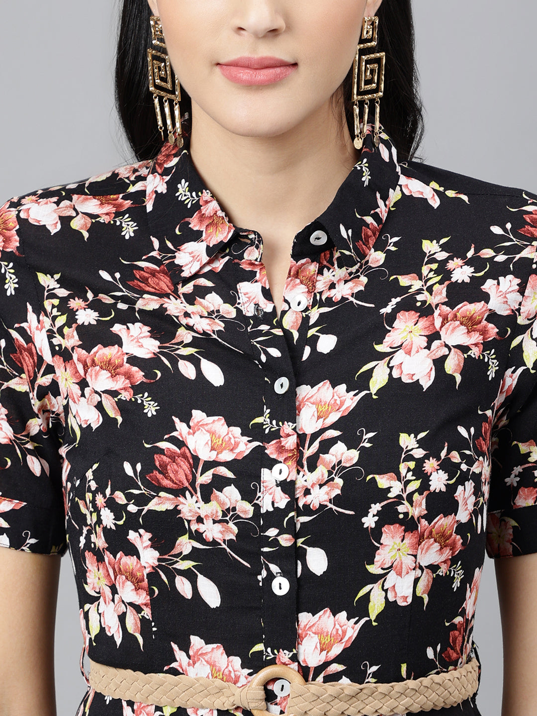Black Short Sleeve Mandarin Collar Printed Knee Length Dress For Casual Wear