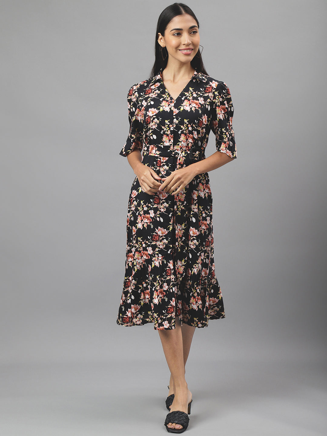 Black Half Sleeve V-Neck Floral Print Shirt Dress