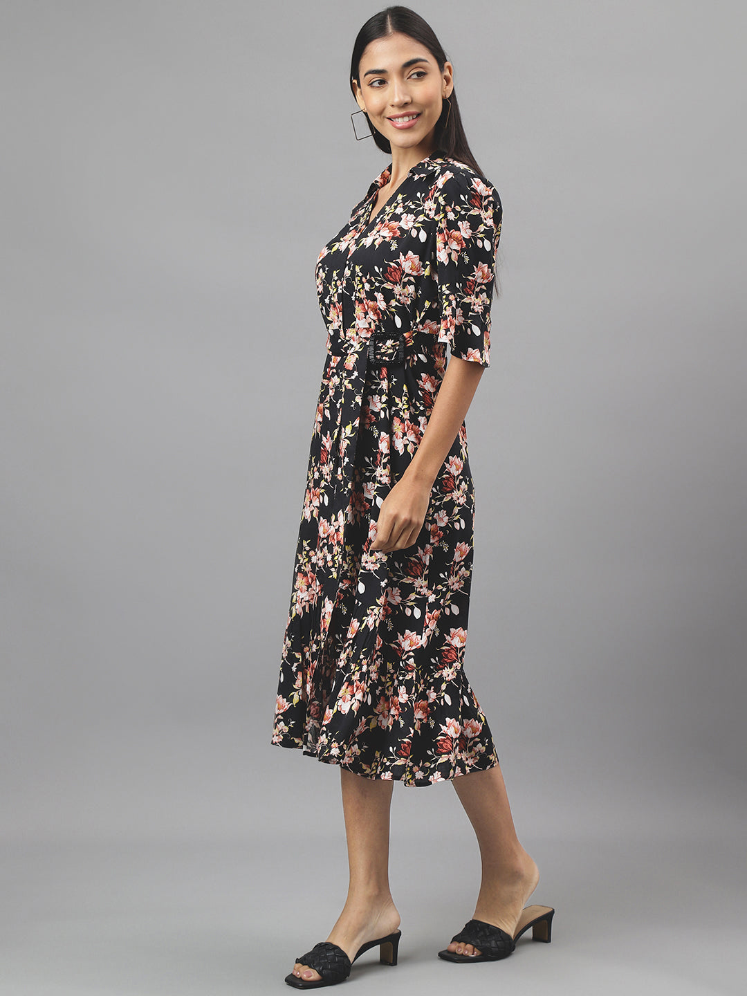 Black Half Sleeve V-Neck Floral Print Shirt Dress