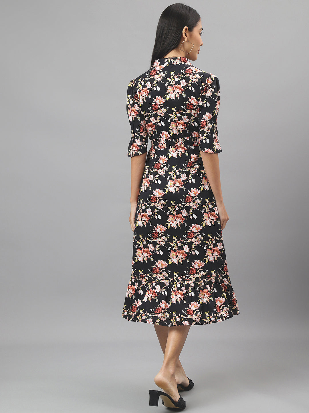 Black Half Sleeve V-Neck Floral Print Shirt Dress