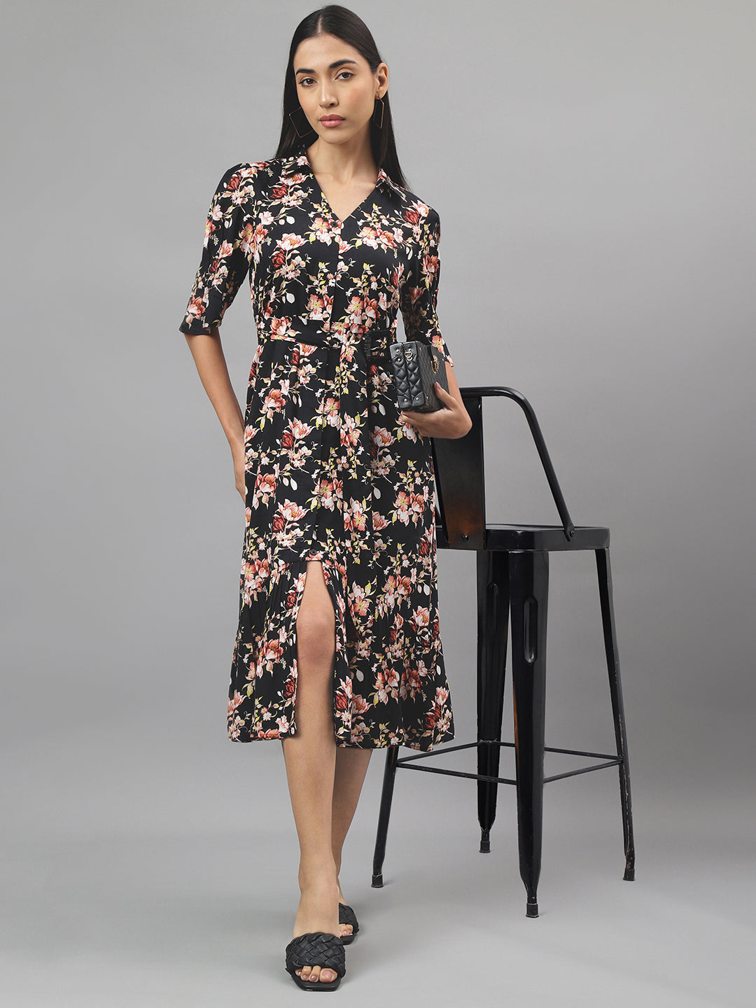 Black Half Sleeve V-Neck Floral Print Shirt Dress