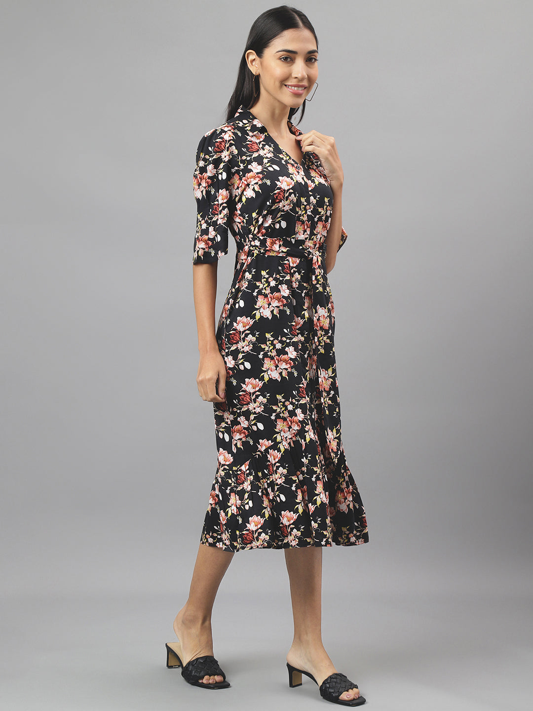 Black Half Sleeve V-Neck Floral Print Shirt Dress