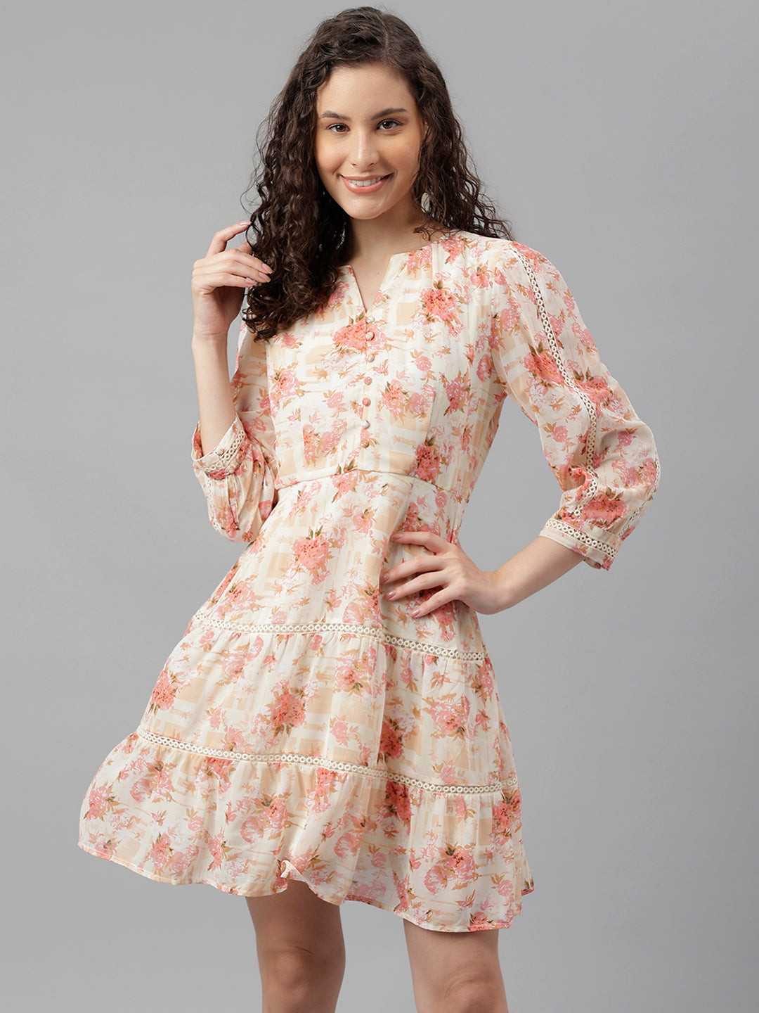 Peach Three-Quarter Sleeves Round Neck Printed Mini Dress For Casual Wear