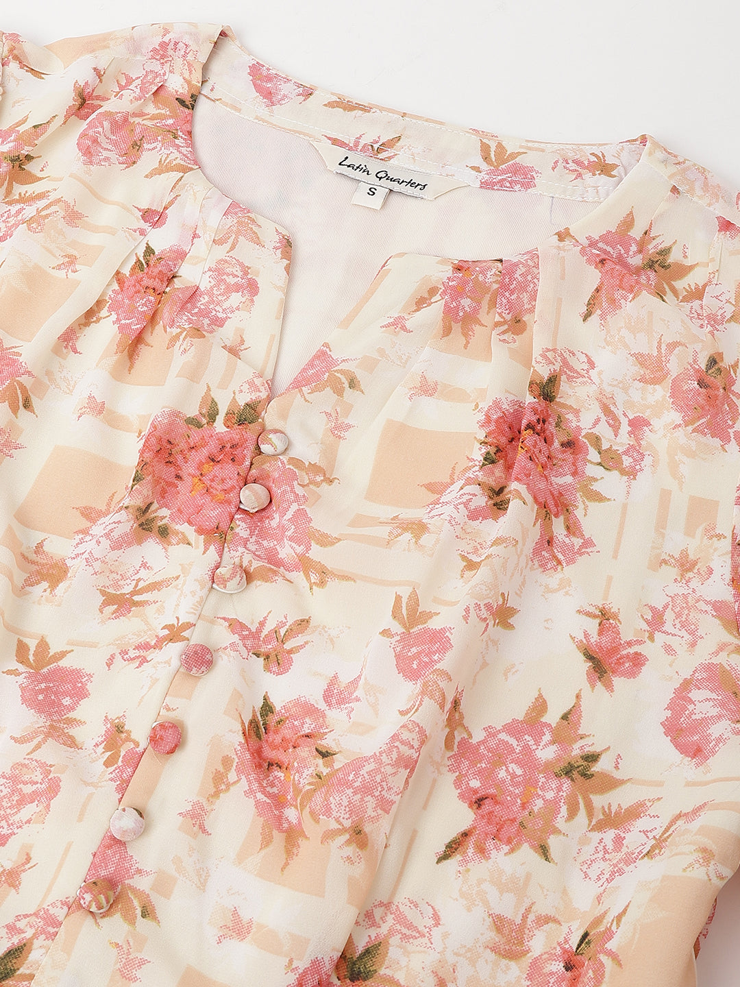 Peach Three-Quarter Sleeves Round Neck Printed Mini Dress For Casual Wear