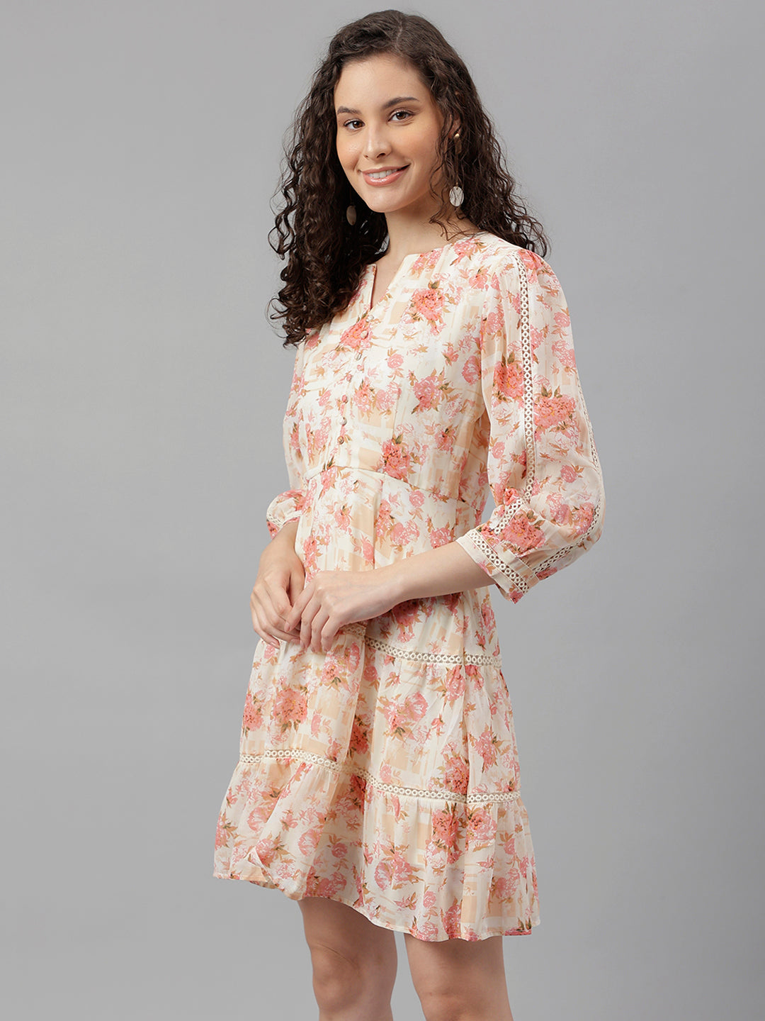 Peach Three-Quarter Sleeves Round Neck Printed Mini Dress For Casual Wear