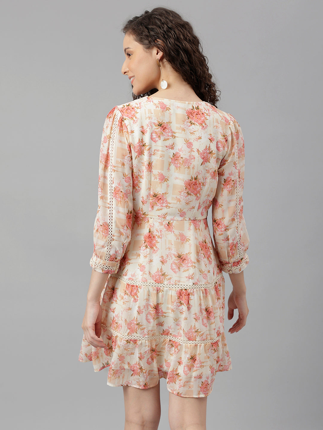 Peach Three-Quarter Sleeves Round Neck Printed Mini Dress For Casual Wear