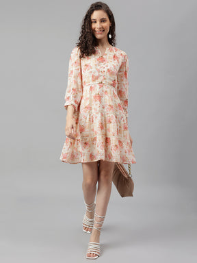 Peach Three-Quarter Sleeves Round Neck Printed Mini Dress For Casual Wear