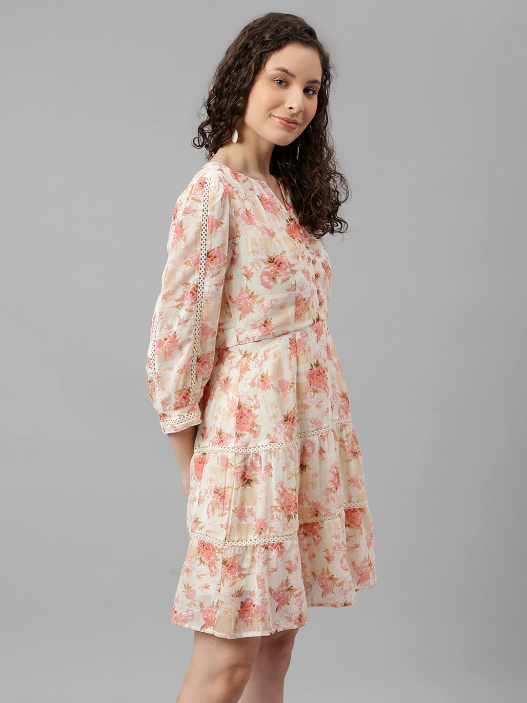 Peach Three-Quarter Sleeves Round Neck Printed Mini Dress For Casual Wear