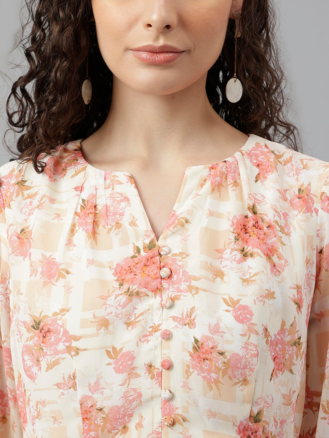 Peach Three-Quarter Sleeves Round Neck Printed Mini Dress For Casual Wear