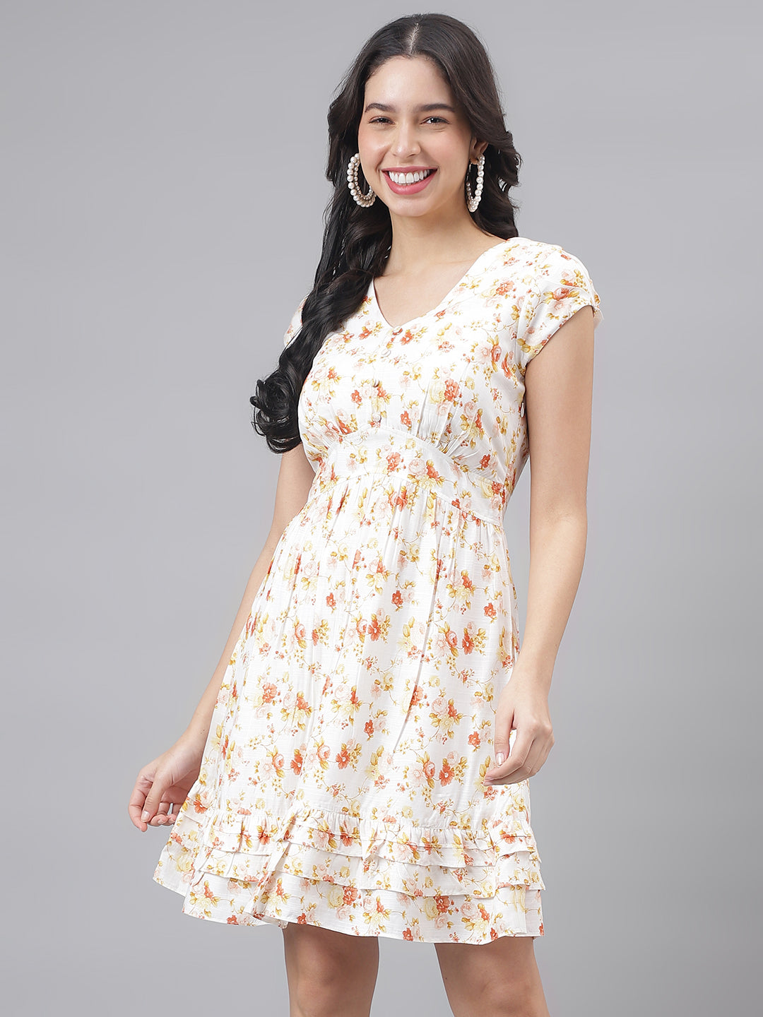 Yellow Cap Sleeve V-Neck Women A-Line Dress