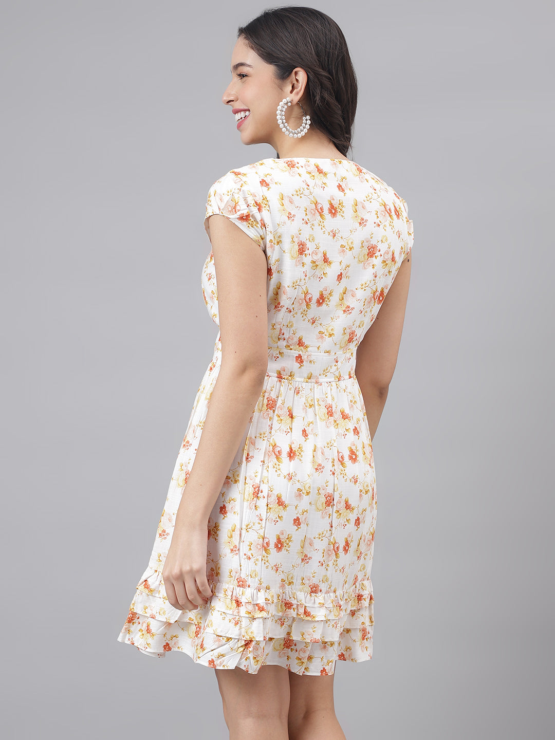 Yellow Cap Sleeve V-Neck Women A-Line Dress