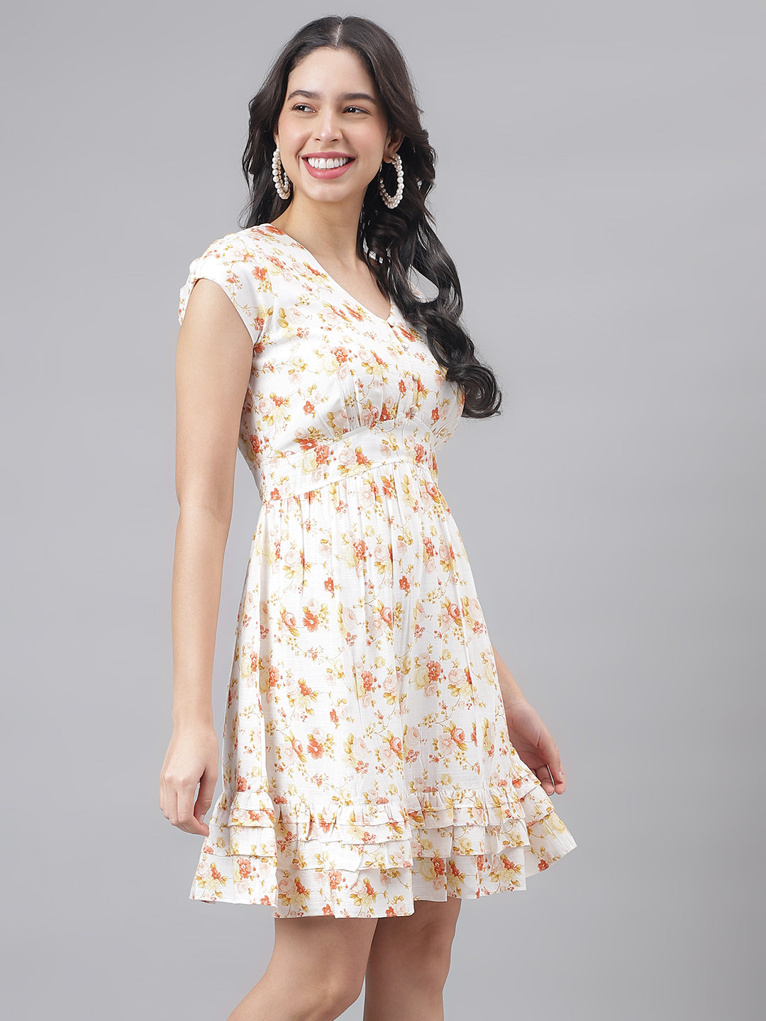 Yellow Cap Sleeve V-Neck Women A-Line Dress