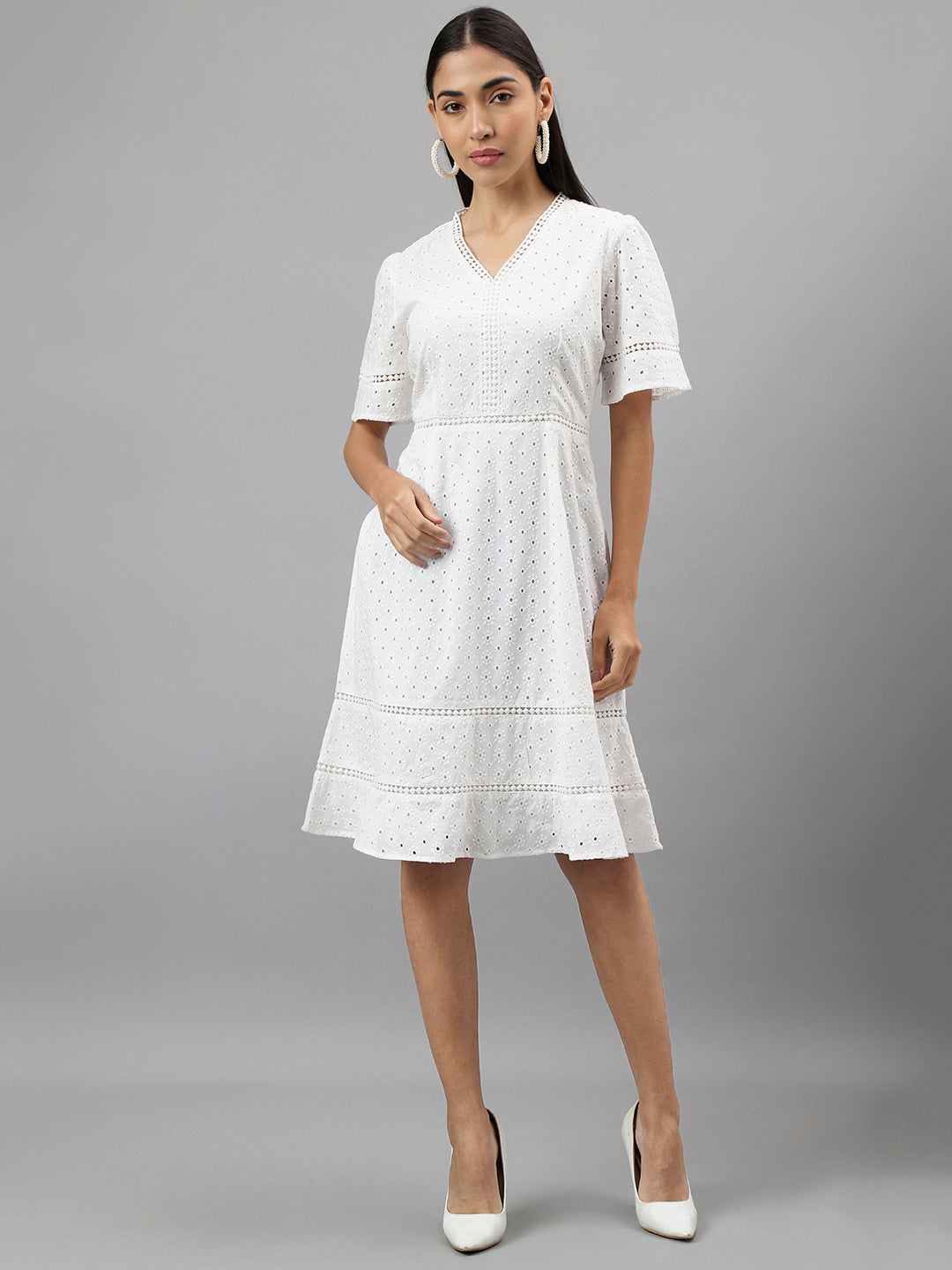 White Half Sleeve V-Neck Solid A-Line Dress