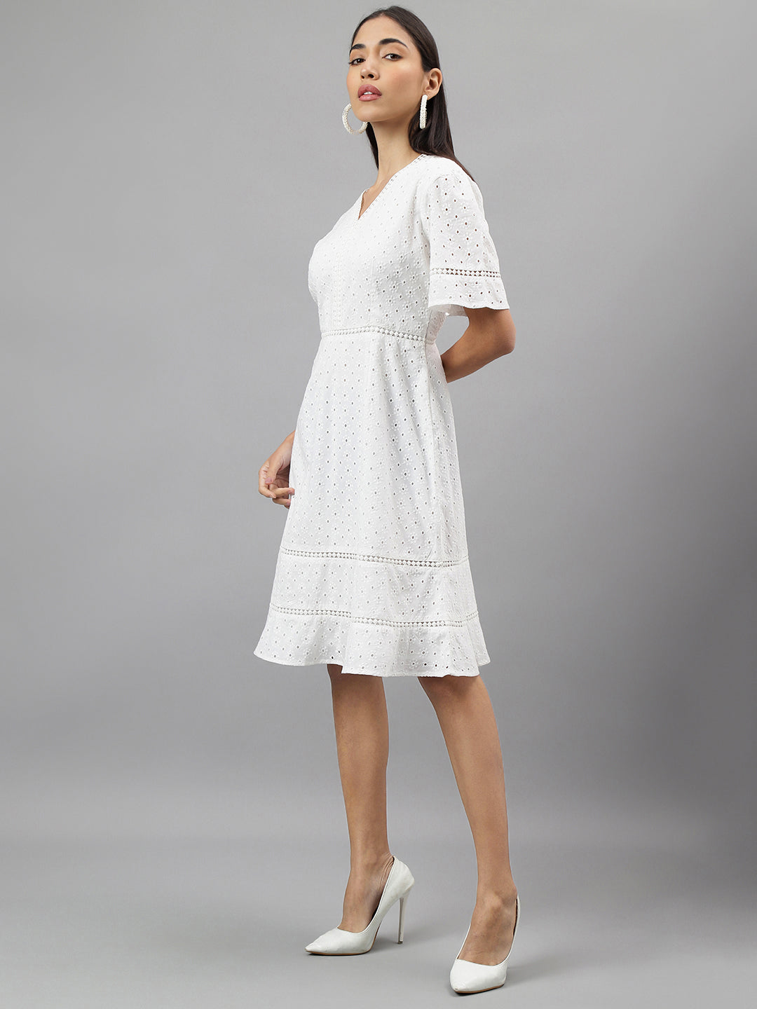 White Half Sleeve V-Neck Solid A-Line Dress