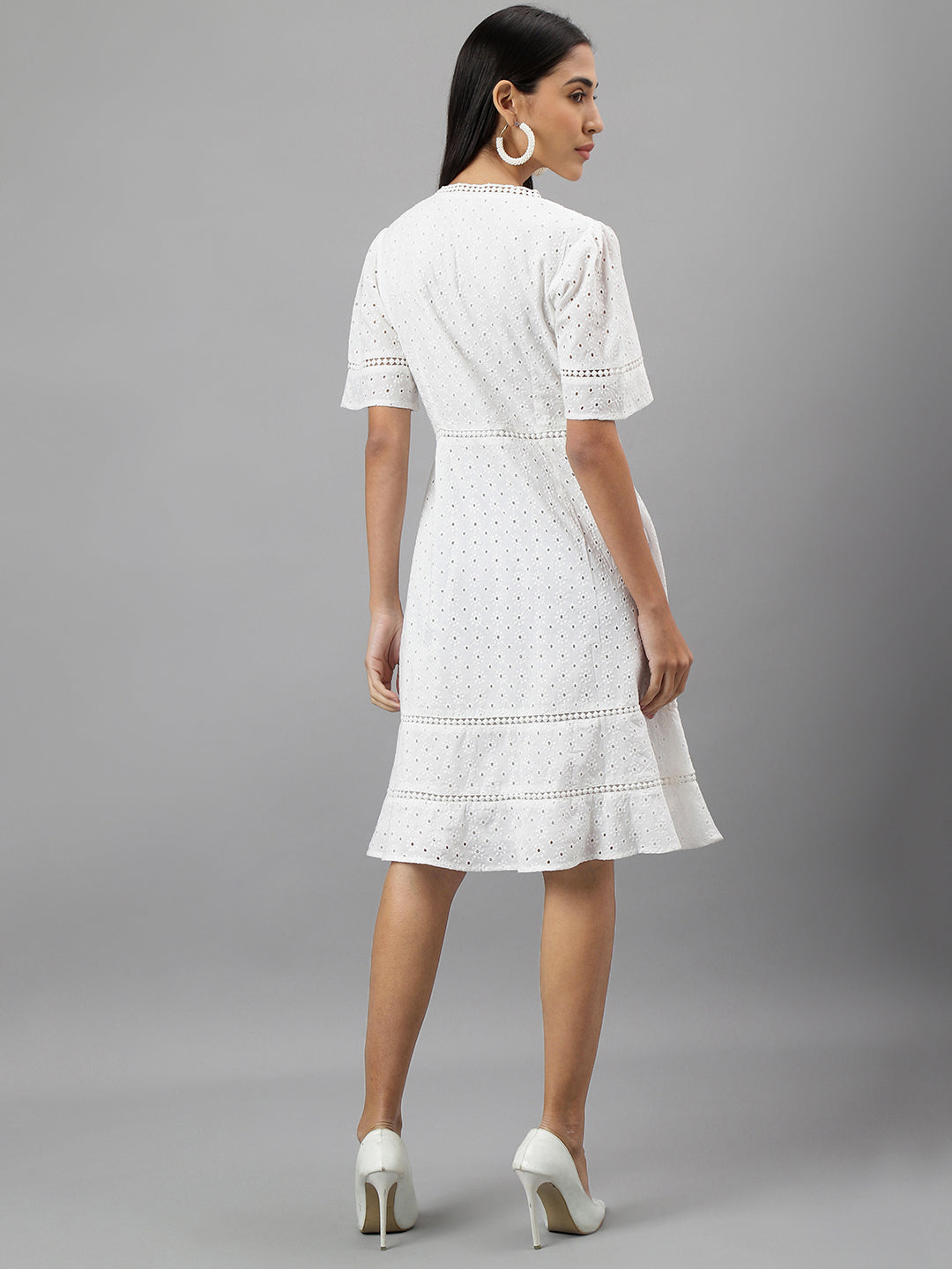White Half Sleeve V-Neck Solid A-Line Dress