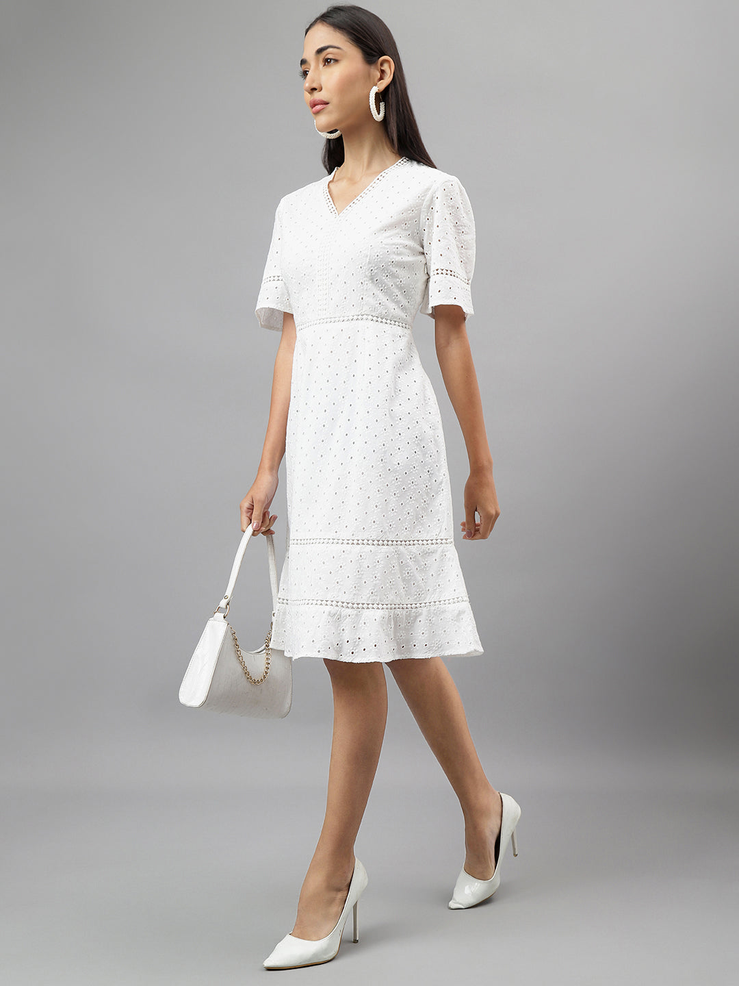 White Half Sleeve V-Neck Solid A-Line Dress
