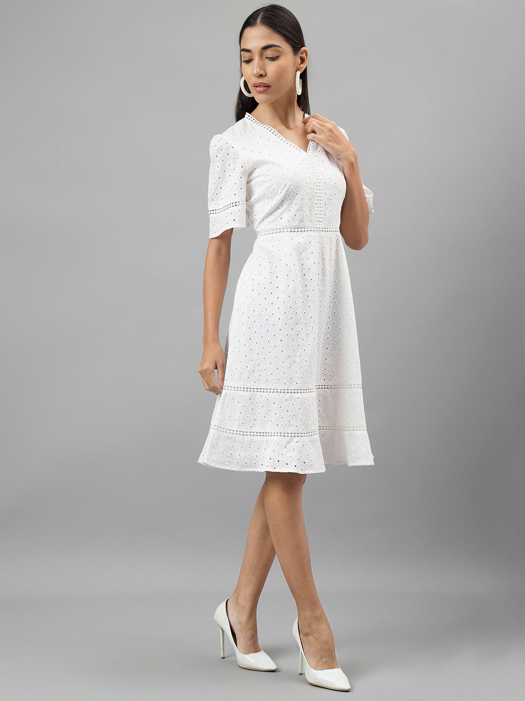 White Half Sleeve V-Neck Solid A-Line Dress