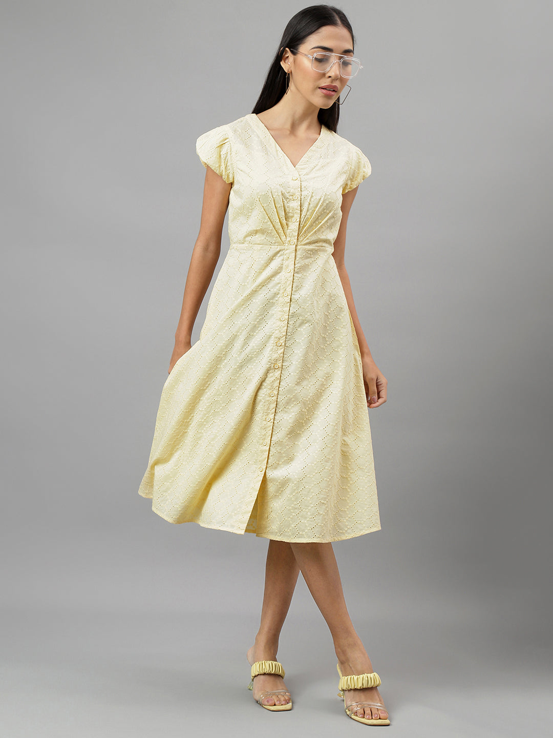 Yellow Cap Sleeve V-Neck Solid A-Line Dress