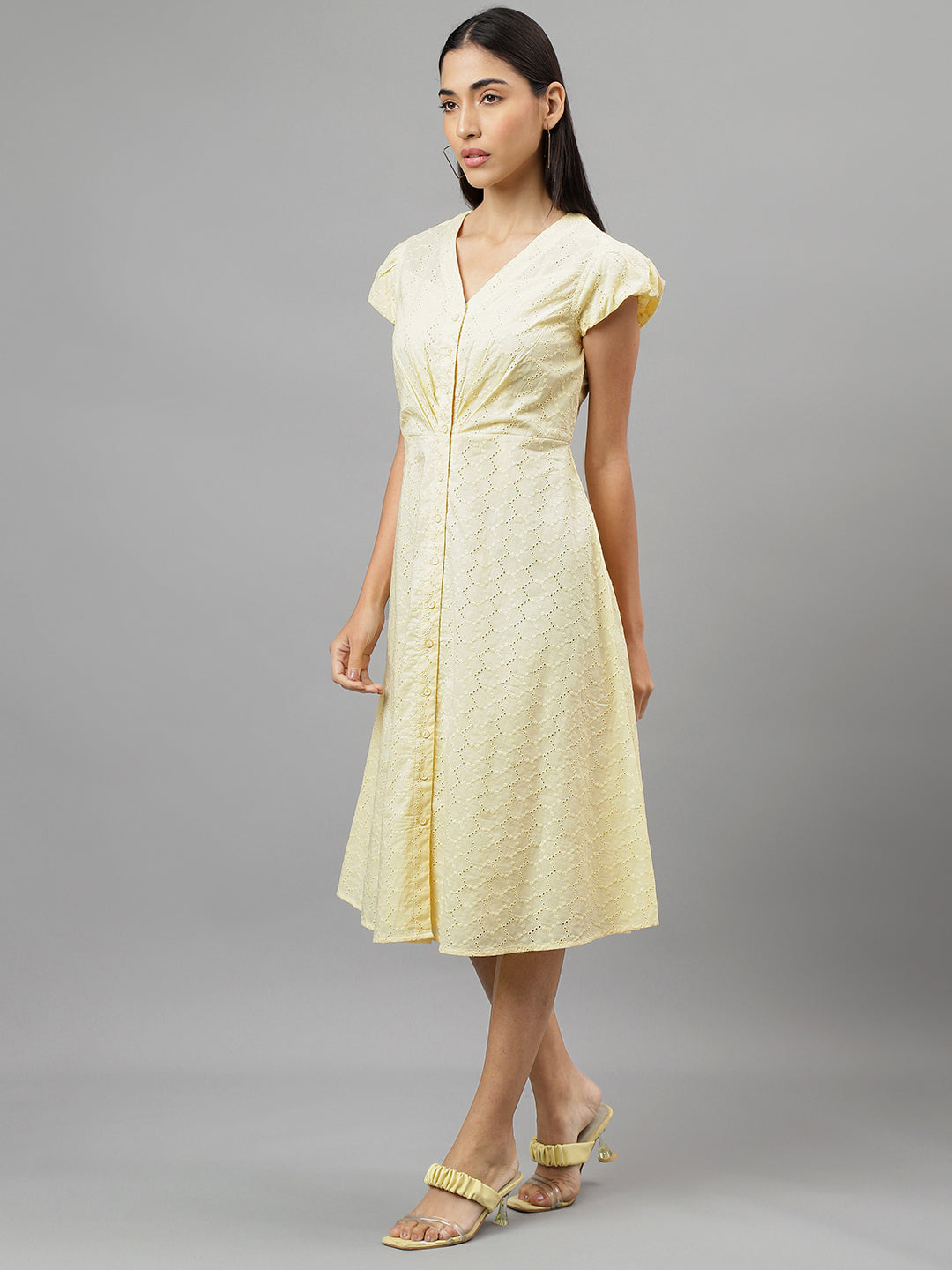 Yellow Cap Sleeve V-Neck Solid A-Line Dress
