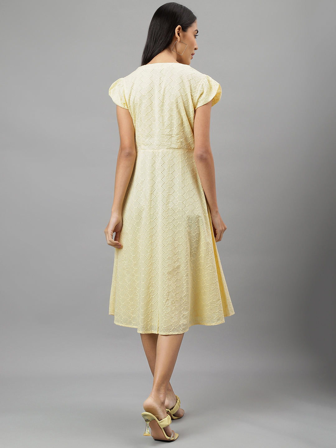 Yellow Cap Sleeve V-Neck Solid A-Line Dress