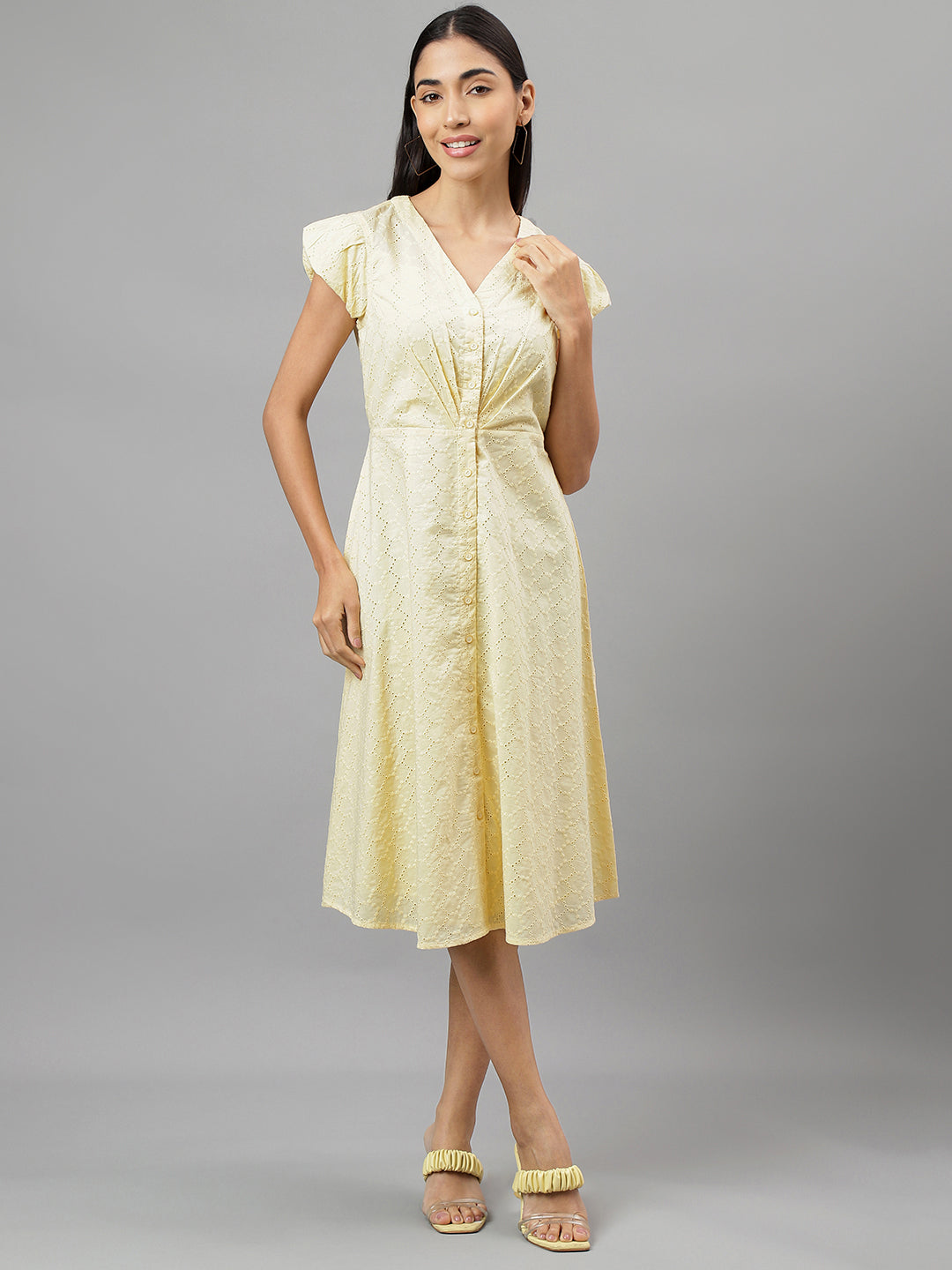 Yellow Cap Sleeve V-Neck Solid A-Line Dress