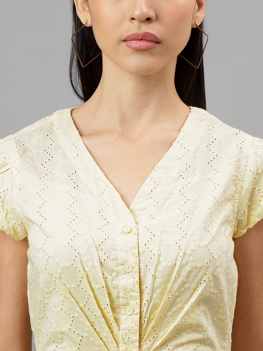 Yellow Cap Sleeve V-Neck Solid A-Line Dress