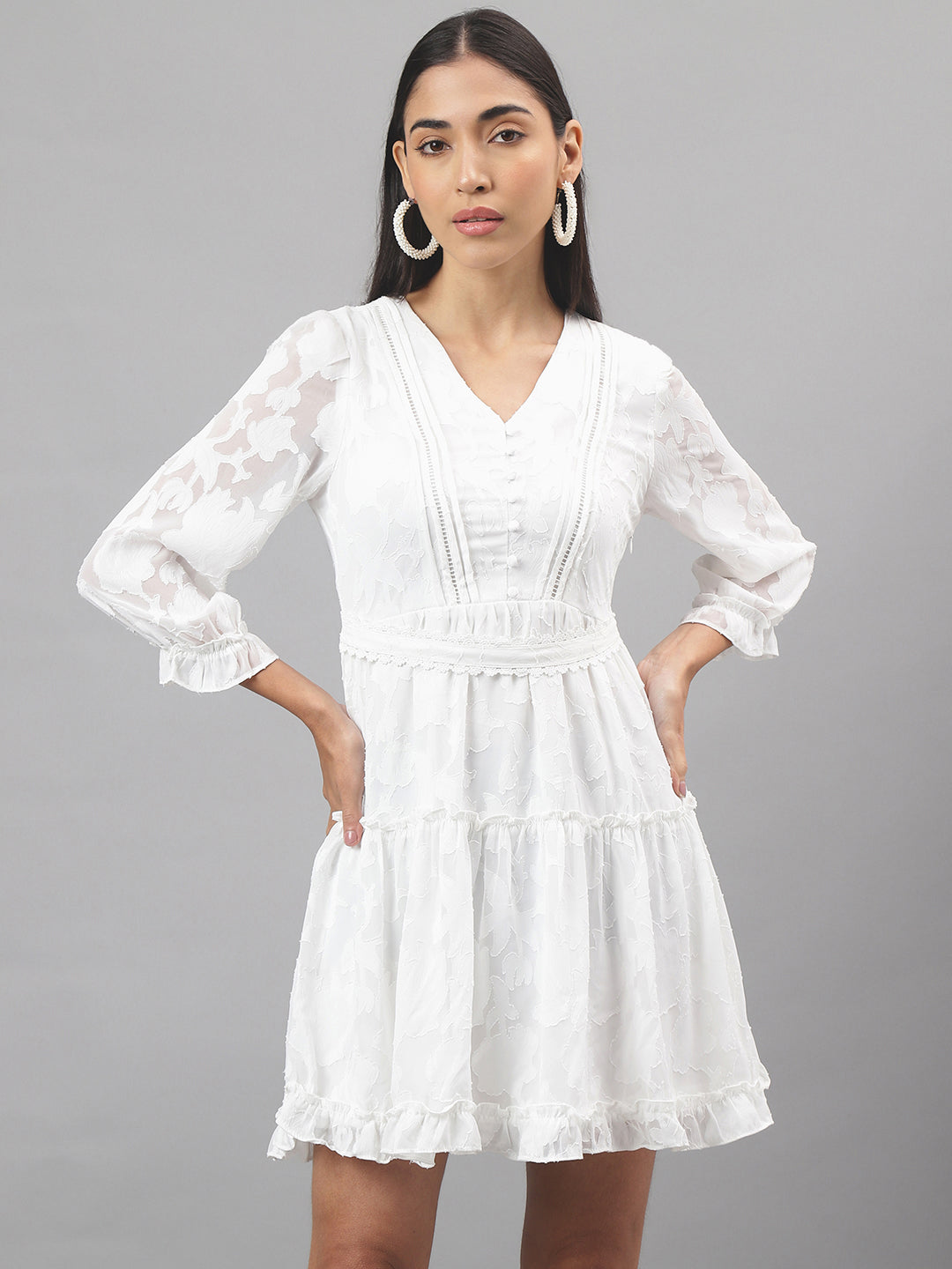 White Three-Quarter Sleeves V-Neck Solid Mini Dress For Casual Wear