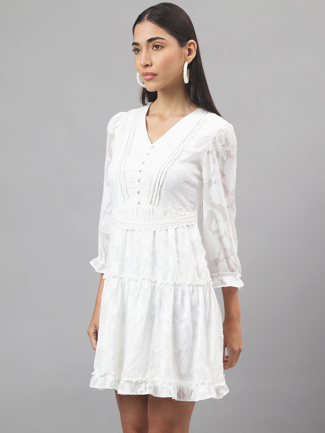 White Three-Quarter Sleeves V-Neck Solid Mini Dress For Casual Wear