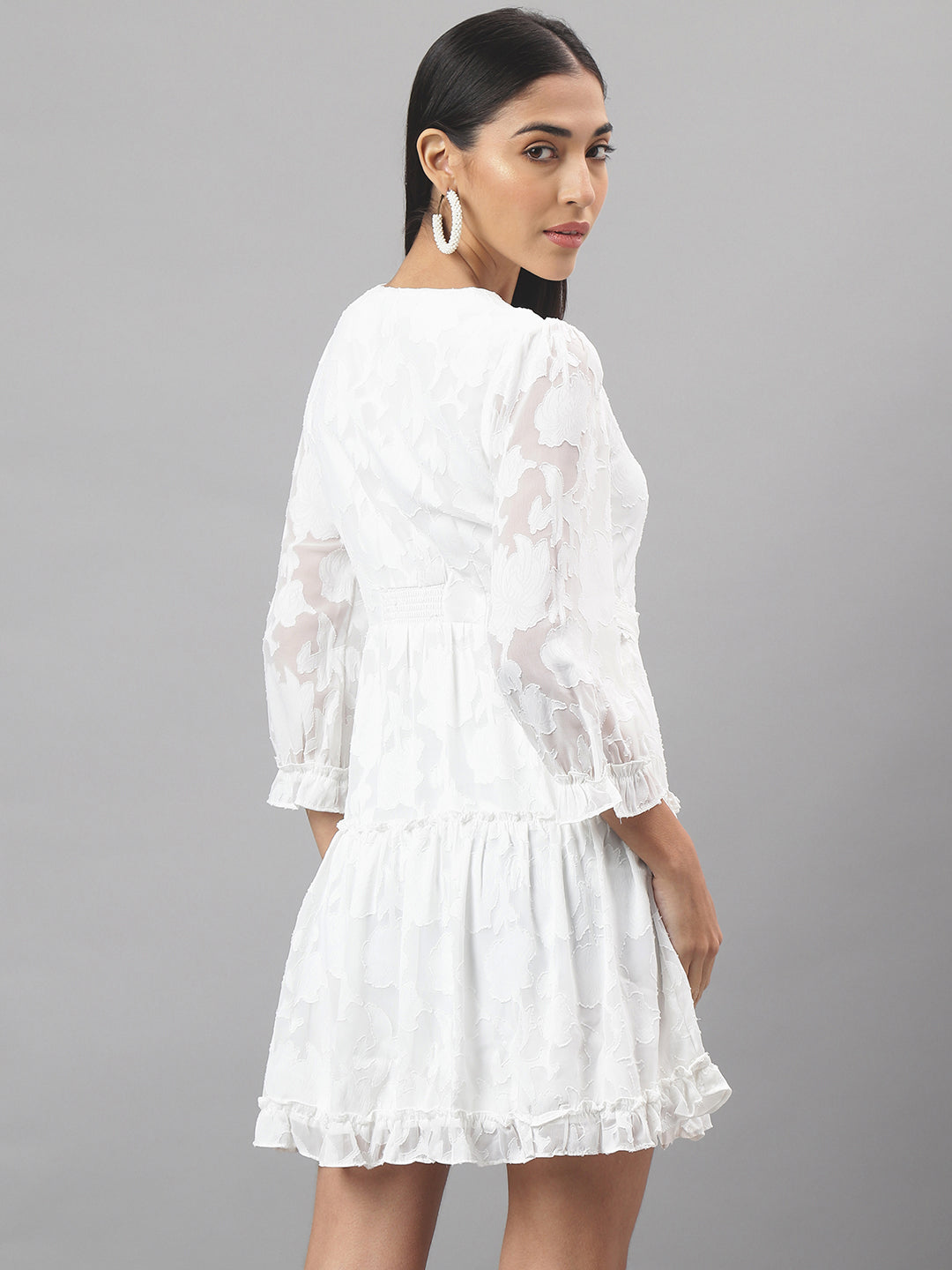 White Three-Quarter Sleeves V-Neck Solid Mini Dress For Casual Wear