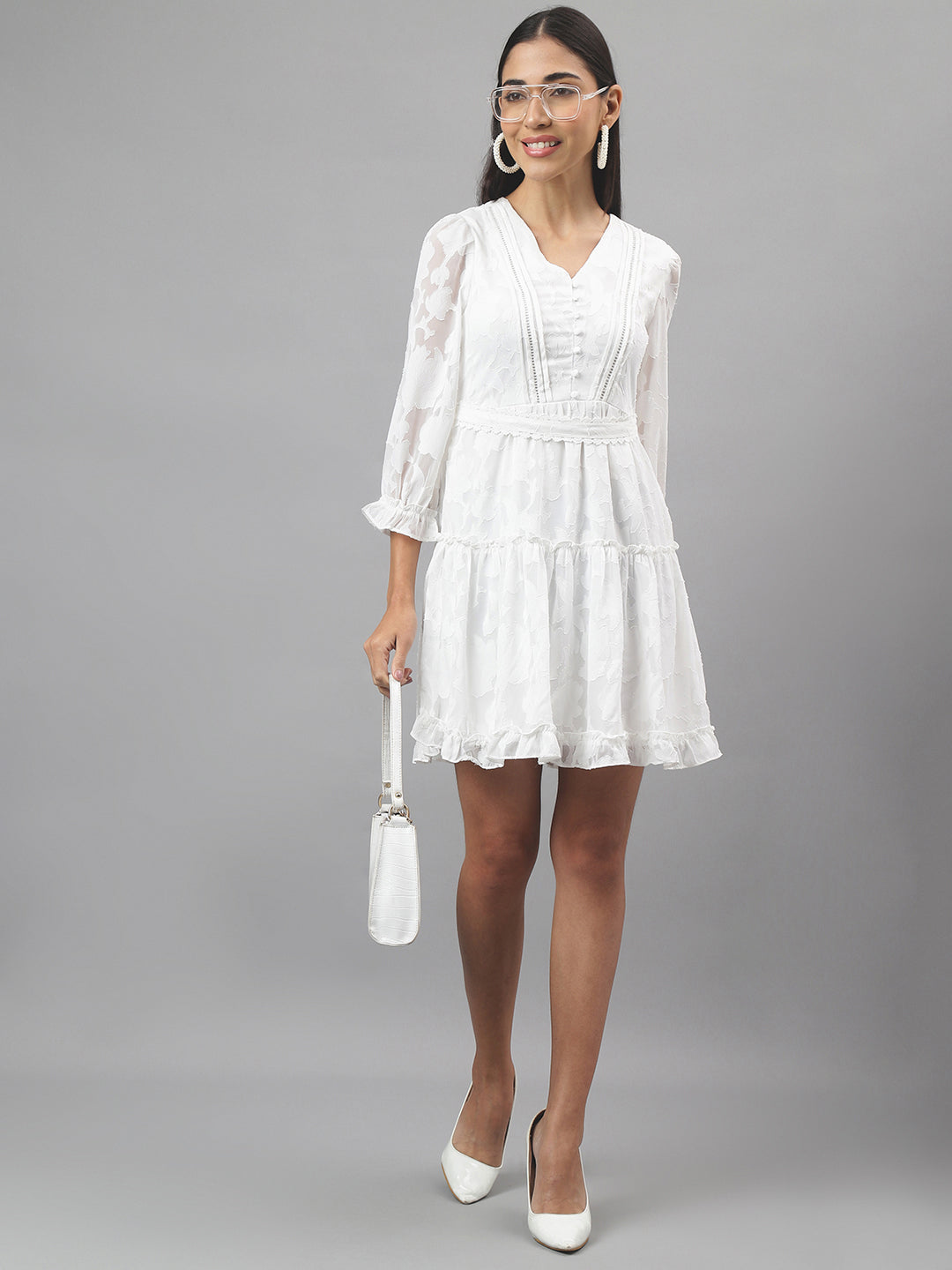White Three-Quarter Sleeves V-Neck Solid Mini Dress For Casual Wear