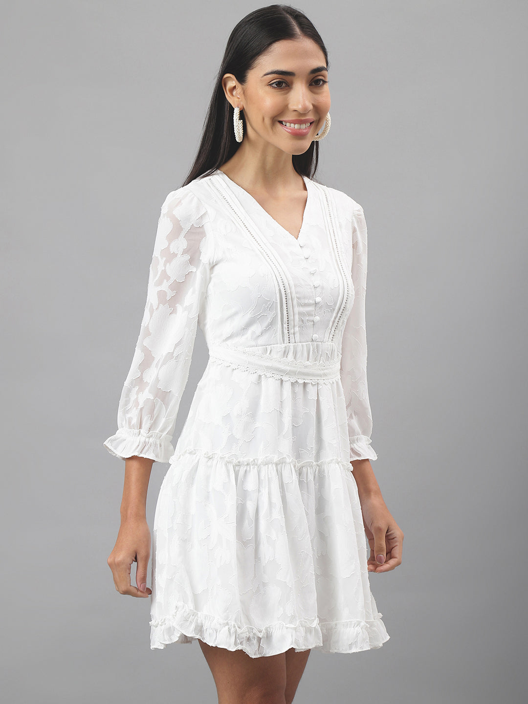 White Three-Quarter Sleeves V-Neck Solid Mini Dress For Casual Wear