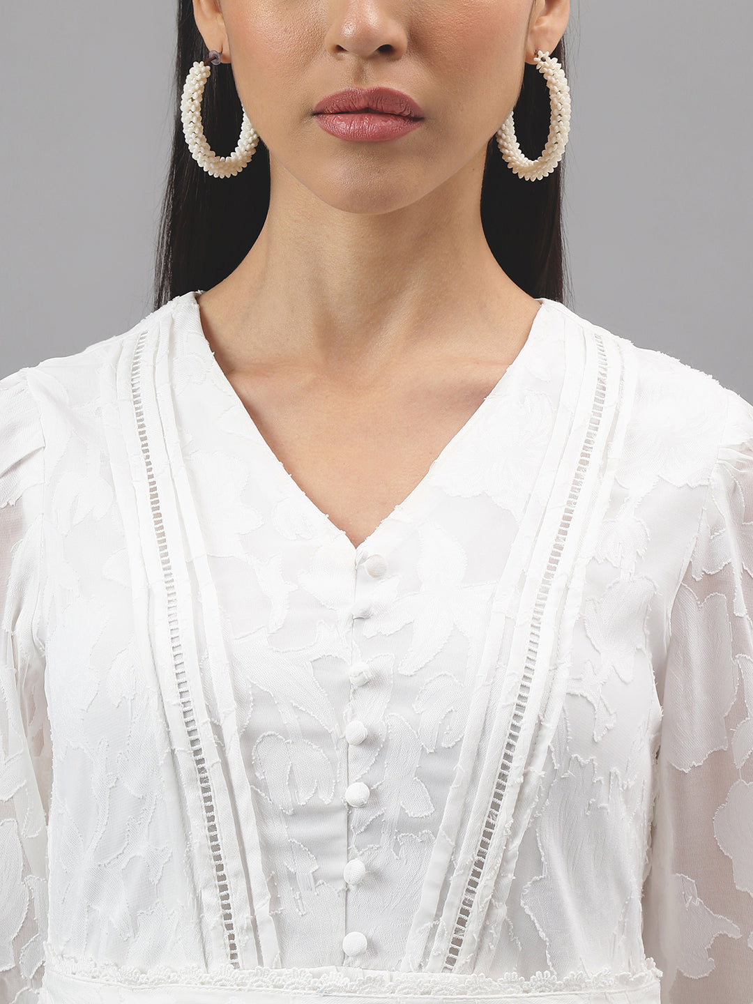 White Three-Quarter Sleeves V-Neck Solid Mini Dress For Casual Wear