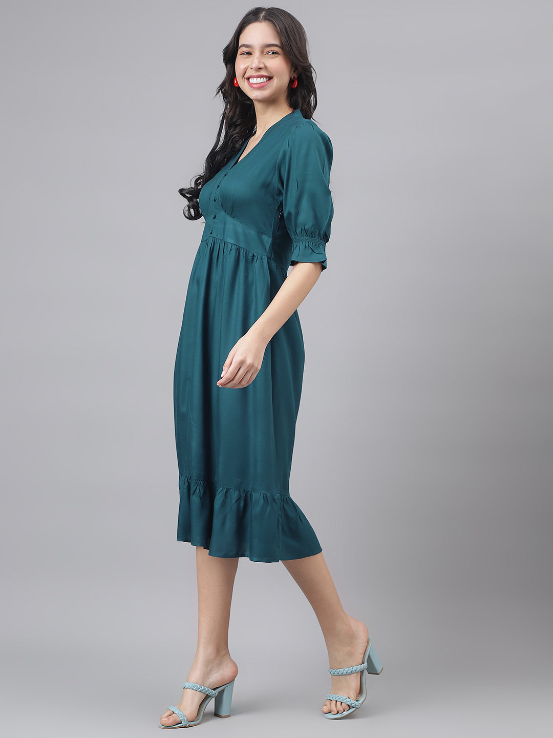 Blue Half Sleeve V-Neck Women A-Line Dress