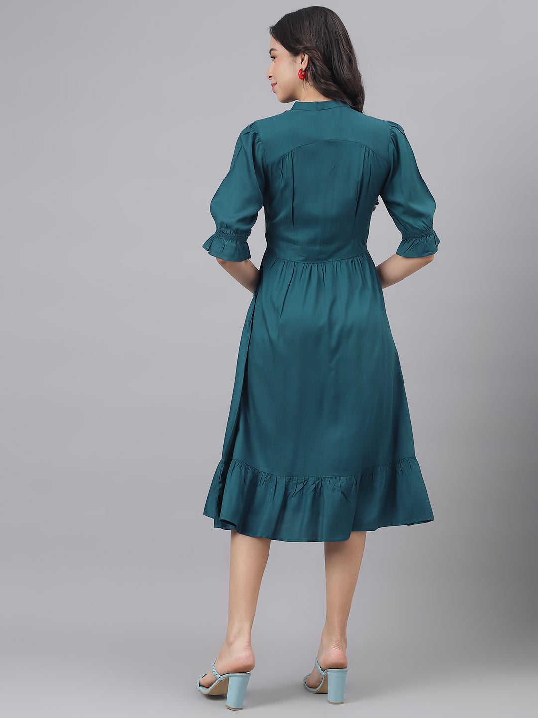 Blue Half Sleeve V-Neck Women A-Line Dress