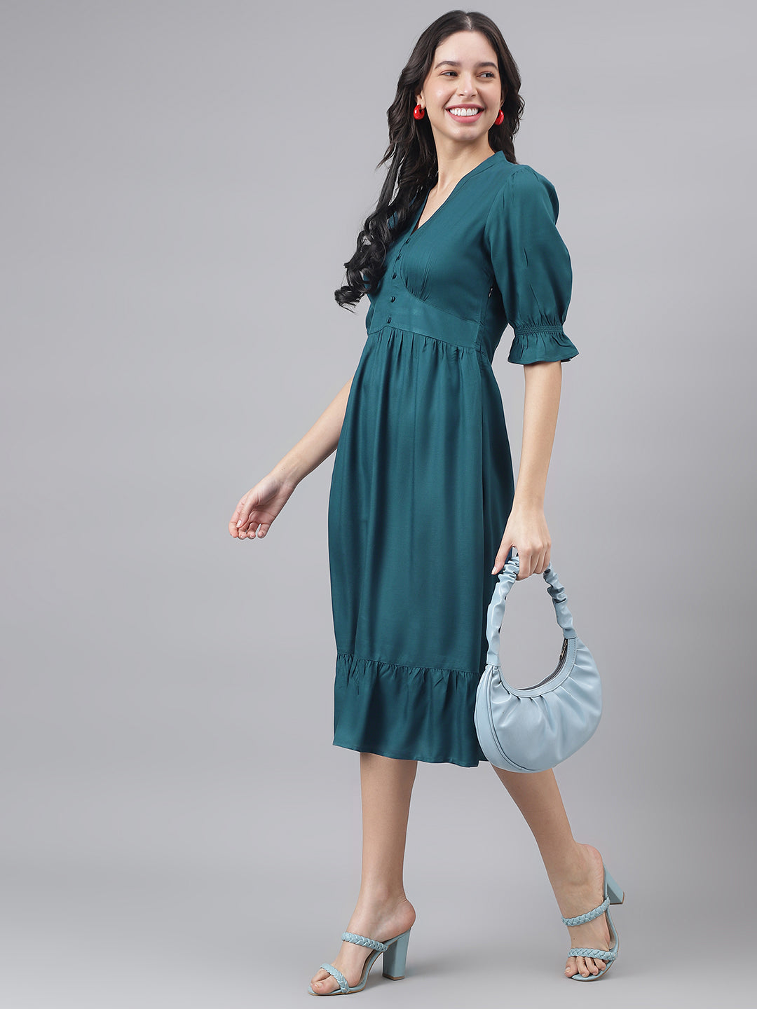 Blue Half Sleeve V-Neck Women A-Line Dress