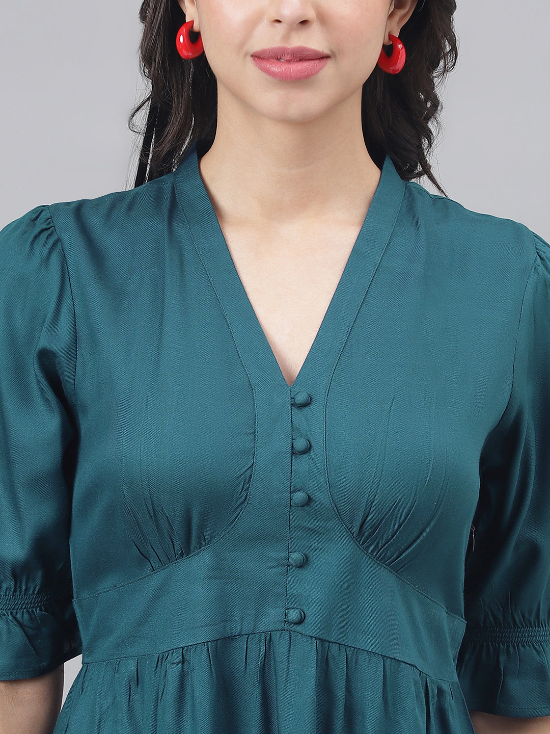 Blue Half Sleeve V-Neck Women A-Line Dress