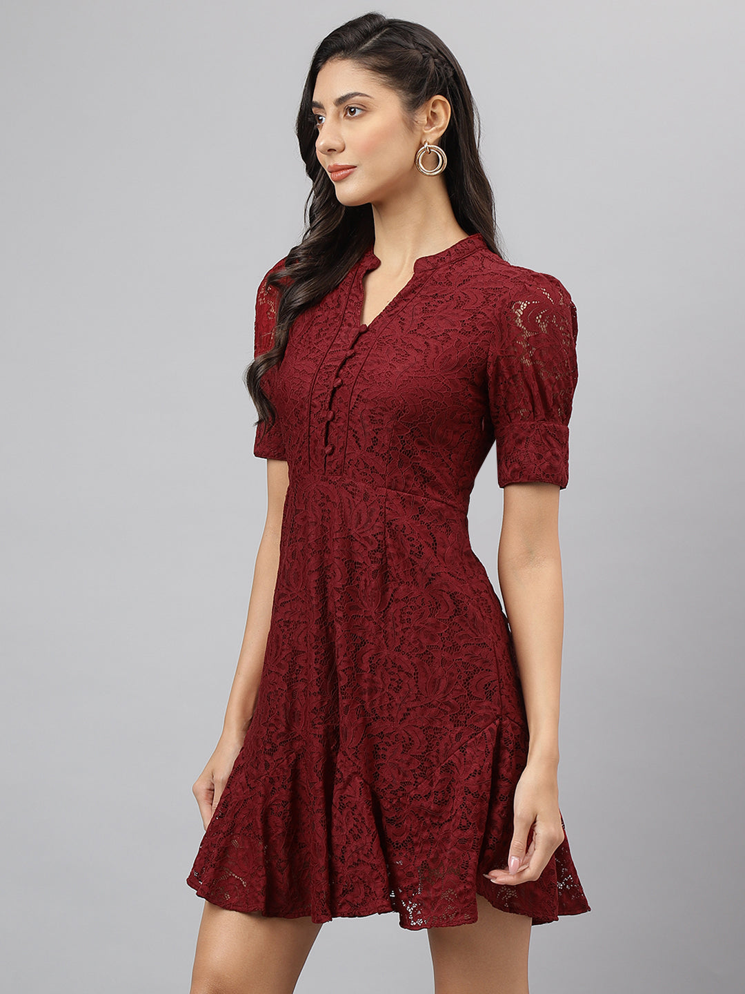 Maroon Solid V Neck Fit & Flare Casual Dress