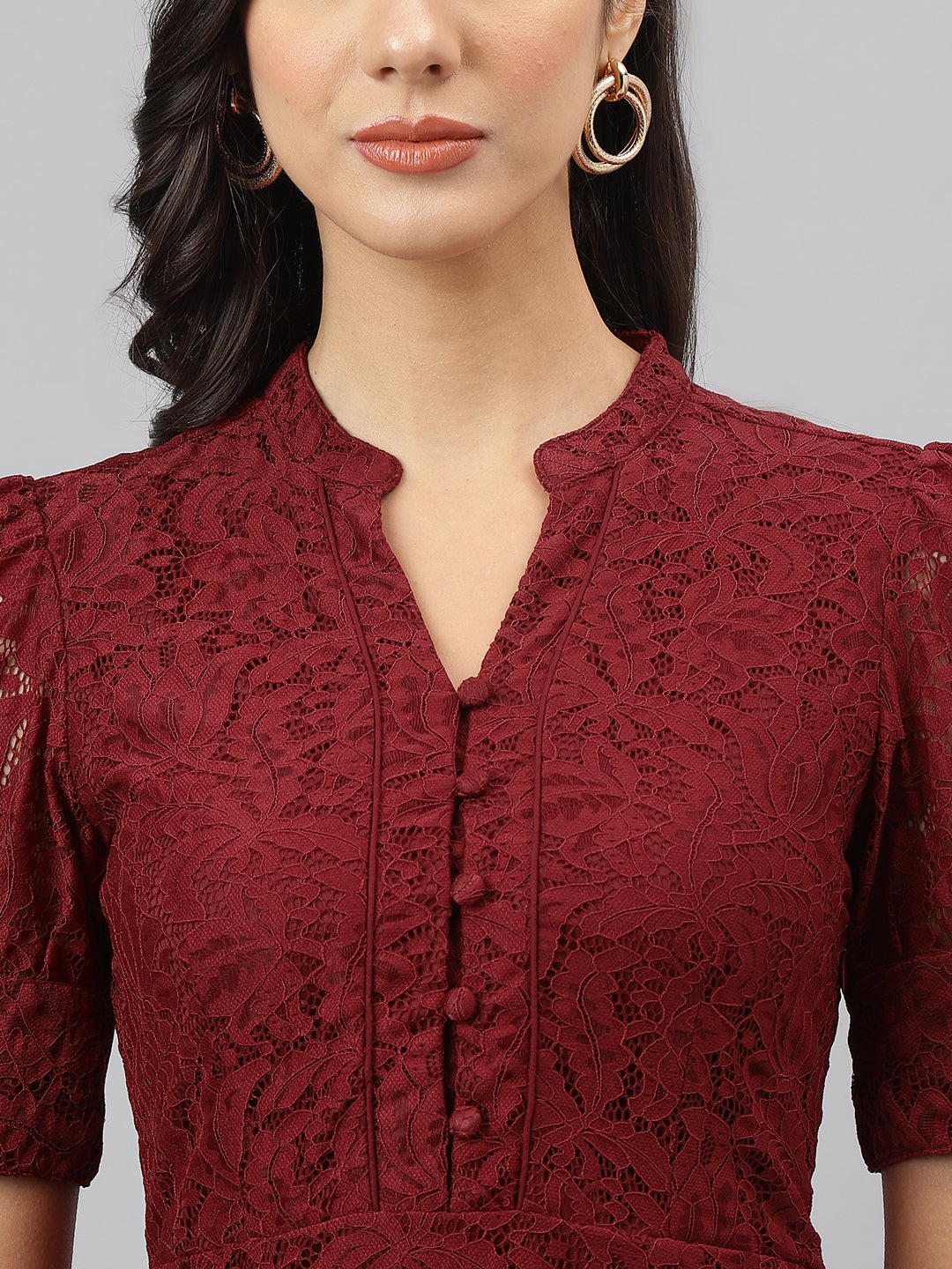 Maroon Solid V Neck Fit & Flare Casual Dress