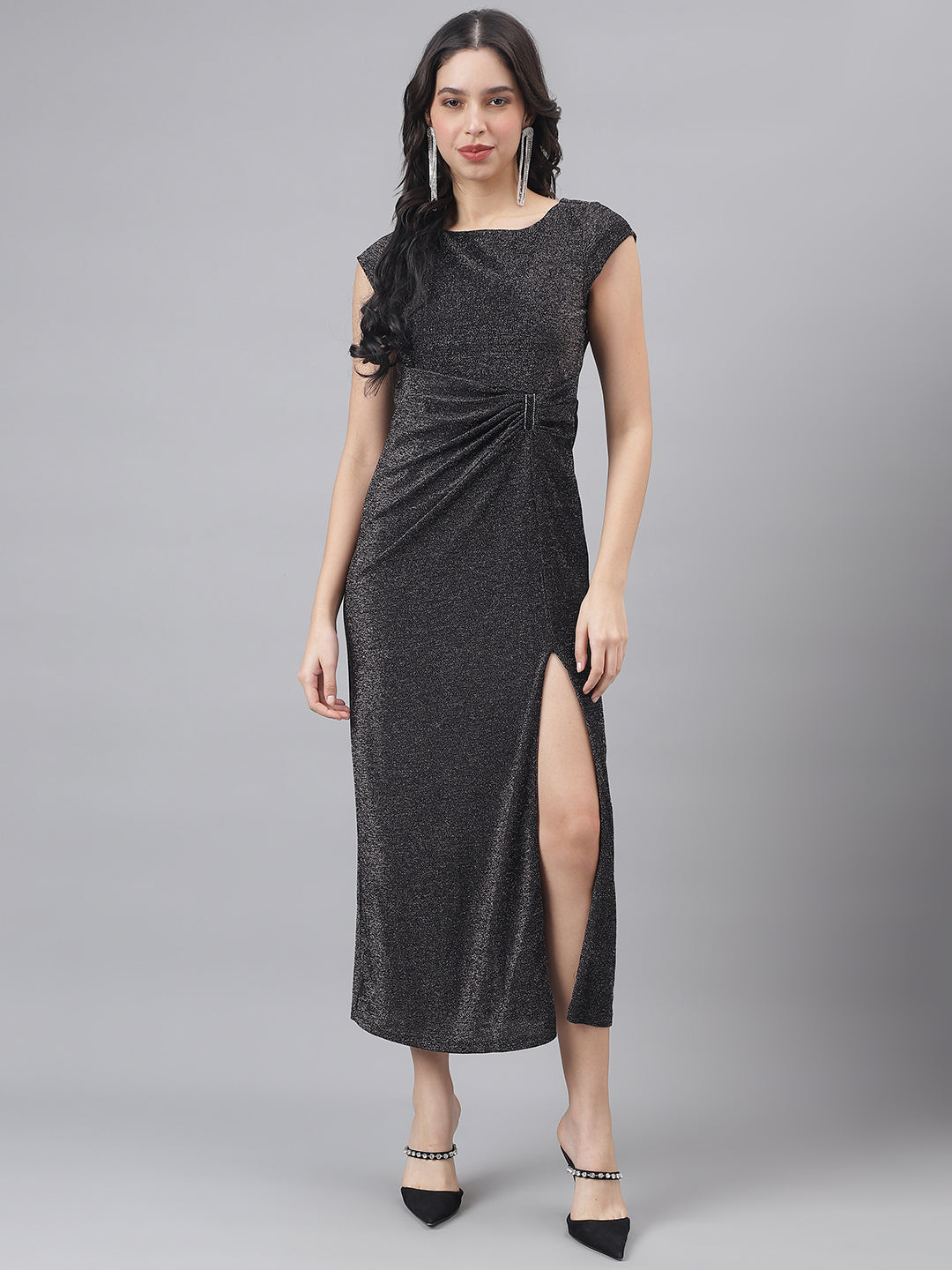 Black Short Sleeves Round Neck Solid Maxi Dress For Party Wear