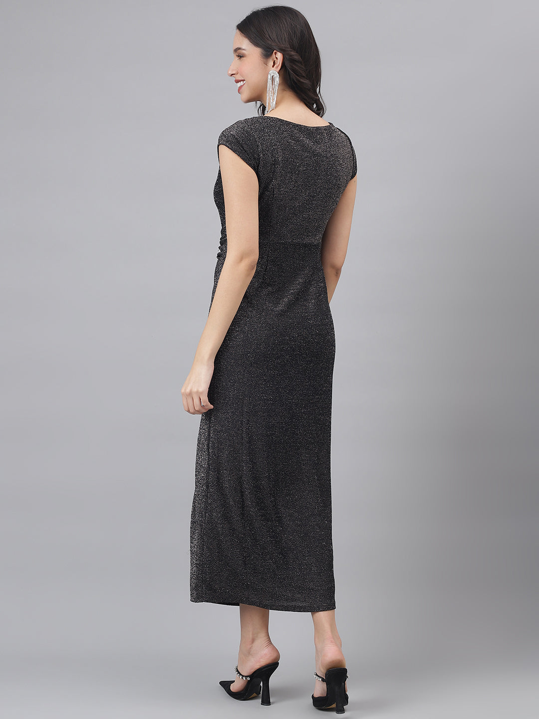 Black Short Sleeves Round Neck Solid Maxi Dress For Party Wear