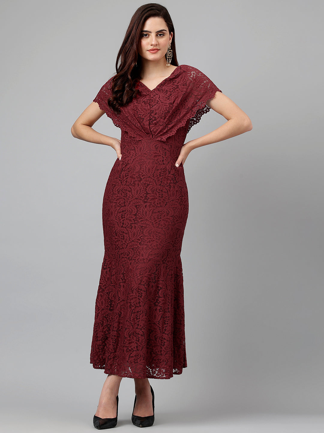 maxi nylon dress Maroon Solid Nylon Stretch Maxi Dress