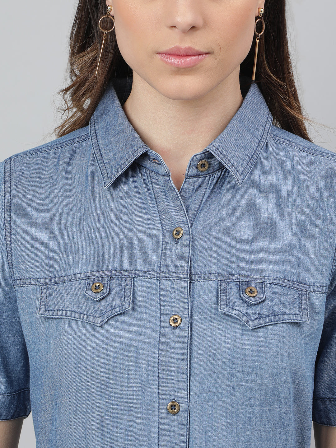 Latin Quarters Women Blue Collar Neck Half Sleeves Solid Shirt Dress For Casual Wear
