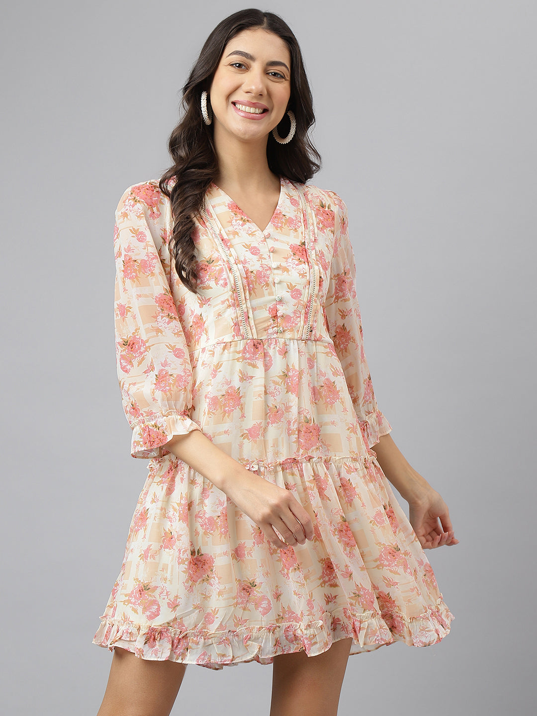 Peach V-Neck Fit & Flare Casual Dress