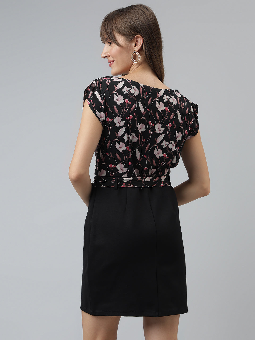 Printed Bodycon Casual Cap Sleeves Black Dress