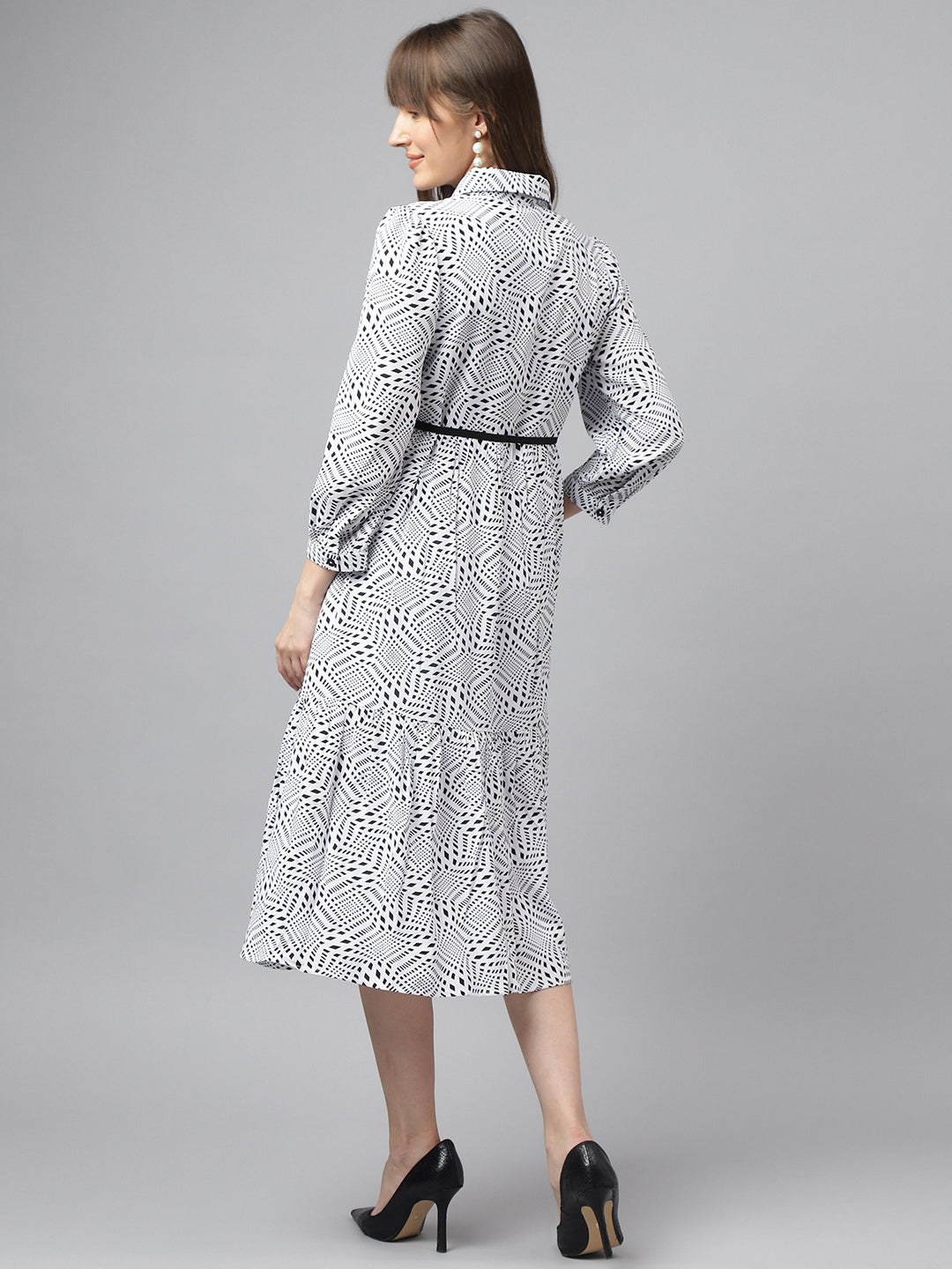 Ivory Shirt Collar 3/4 Sleeves Printed A-Line Dress For Casual Wear